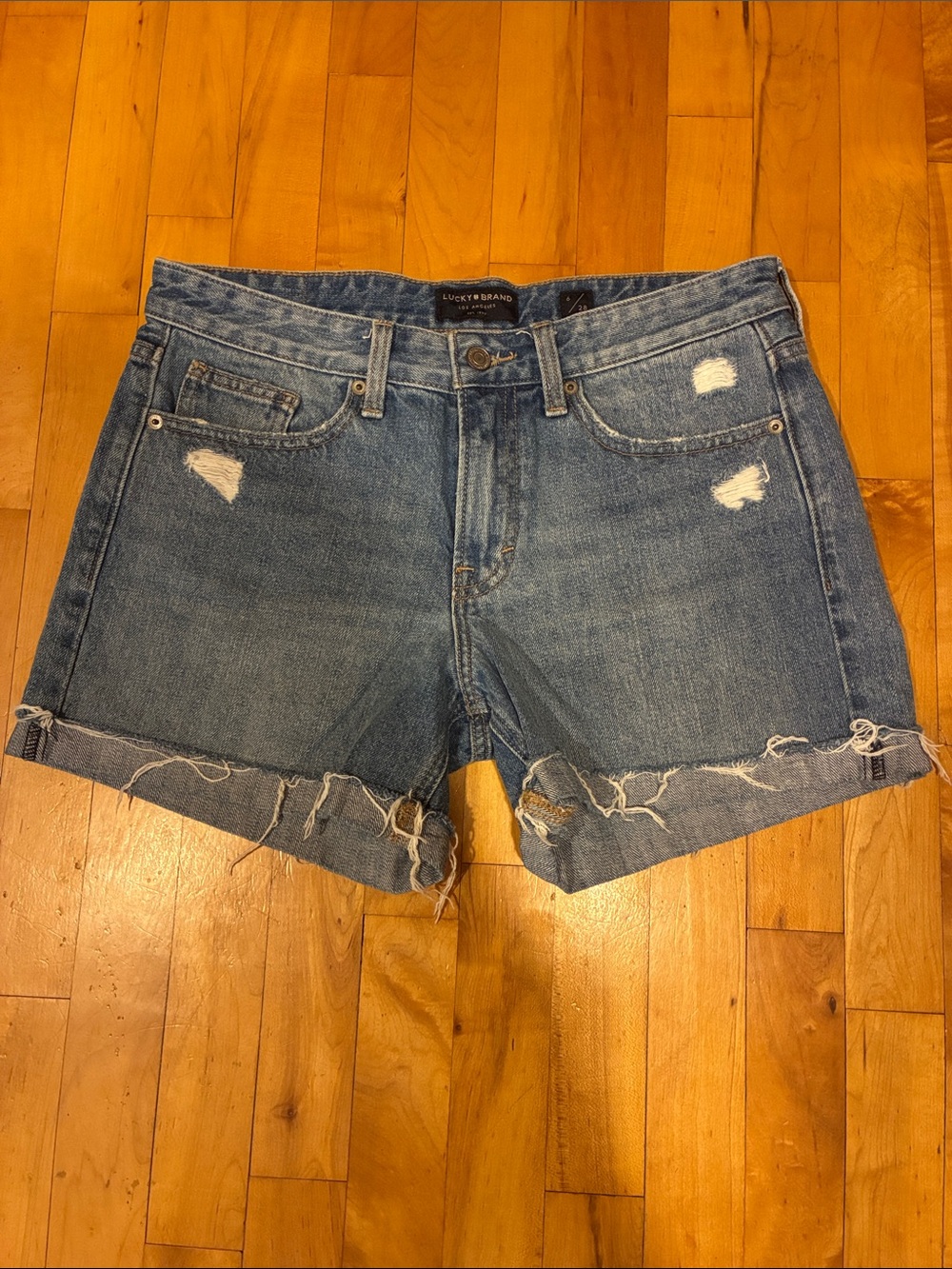 Lucky Brand Medium Blue Distressed Rolled-Hem Denim Shorts